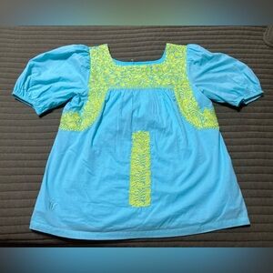 J Marie embroidered Cove Top Sz M NWOT Aqua Blue Puff Sleeve